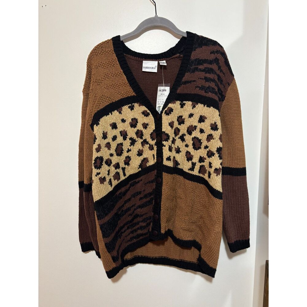 Vintage NWT Y2K Leopard Patchwork Cardigan Sweater 18/20 Plus Animal Print 90s - Picture 2 of 8
